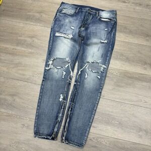 MNML Distressed Blue Denim Jeans Men's Sz 38 Zippers Streetwear Fade
